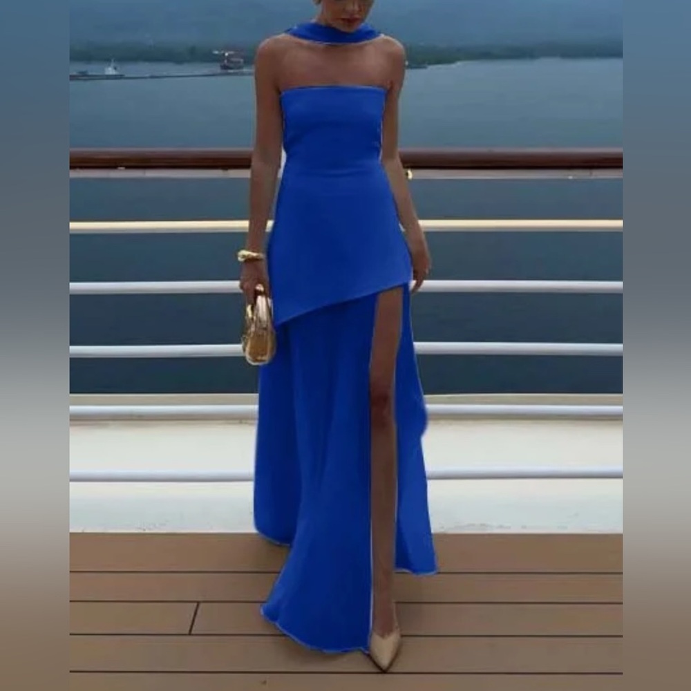 royal Blue Strapless Evening prom long Dress S 6 NEW Satin Chiffon Split